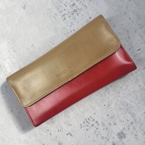 Nikols‎ Vintage Leather Trifold Wallet Red Tan Colorblock Zip Coin Pocket